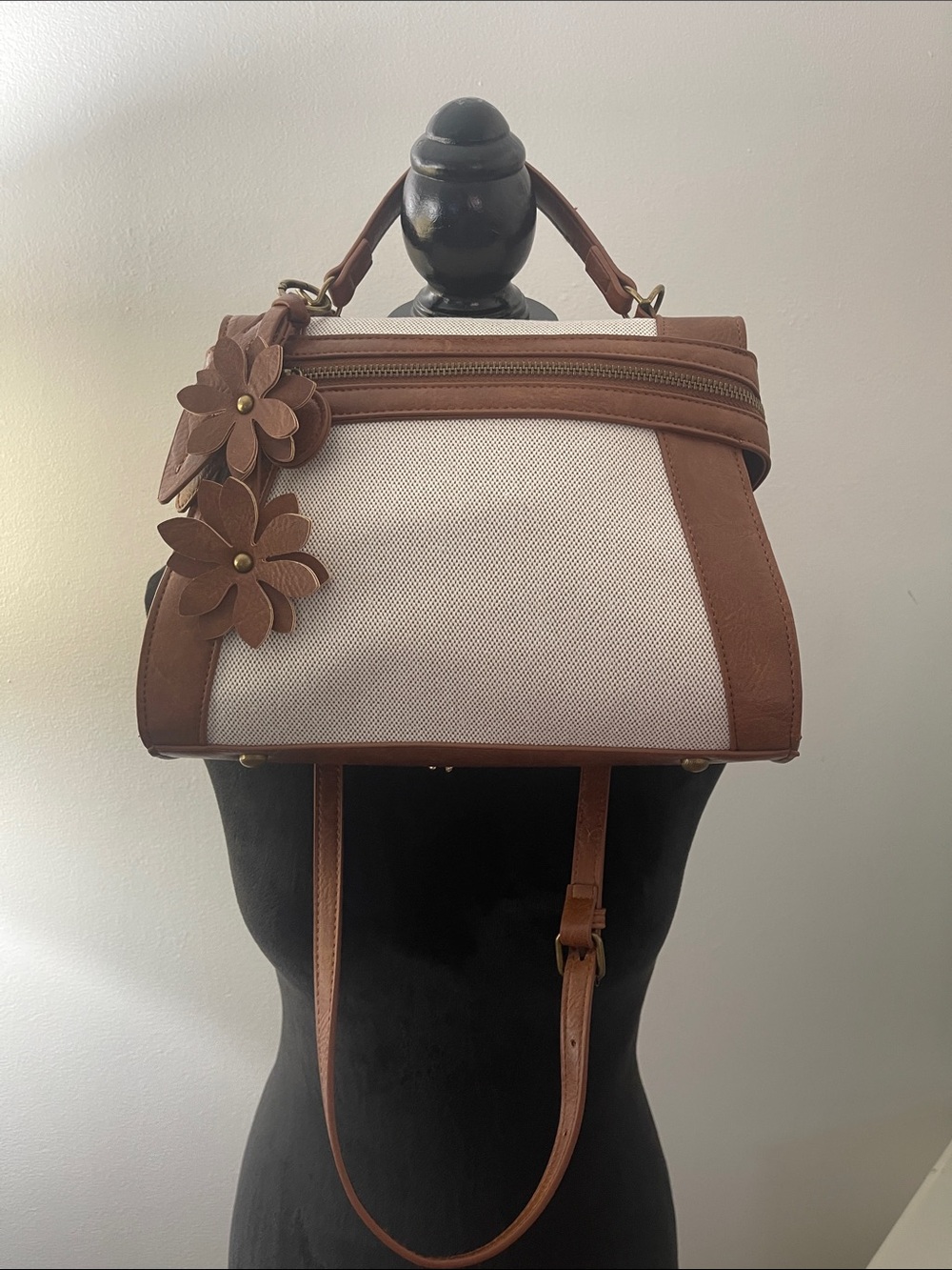 Liz Soto Faux and Canvas Satchel-Brown and Cream - Picture 13 of 13